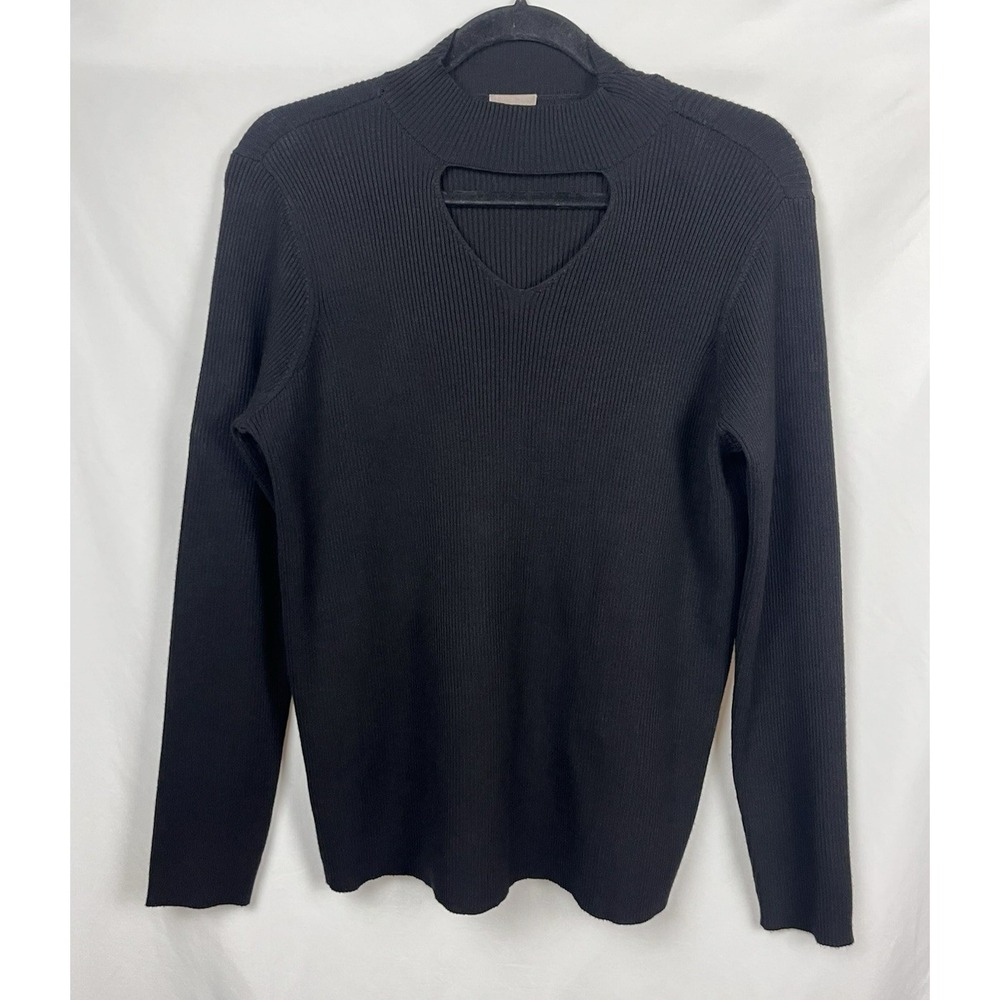 CHICO'S Black Ribbed Mock Neck Keyhole Sweater Size 1 (M) Long Sleeve Stretchy